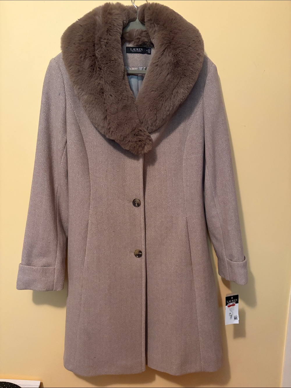 NWT RALPH LAUREN WOOL HERRINGBONE FULL LENGTH COAT WITH FUR COLLAR Size 14